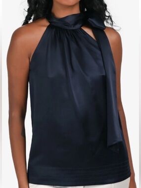 Diane Von Furstenberg 100% Silk Halter Bow Tie Blouse Navy Size 10